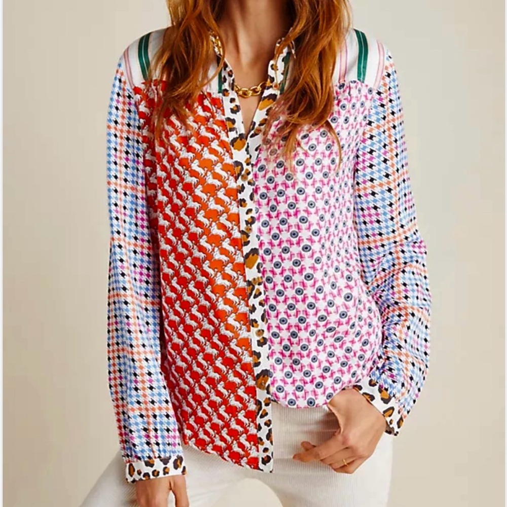 EUC Anthropologie Maeve Bernadette Mixed Prijt Button Front Top Size XS